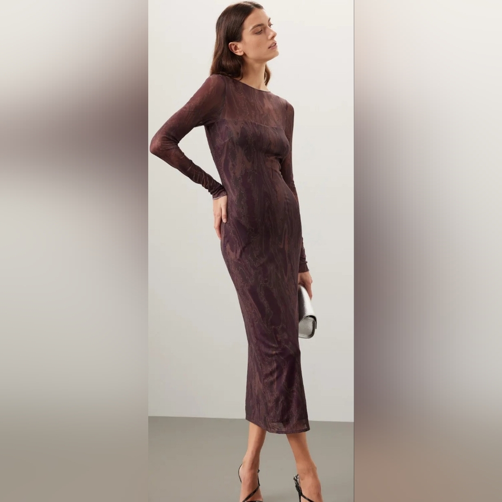 Louna Brown Burgundy Mesh Overlay Open Back Long Sleeve Midi Dress Size XXL RTR7